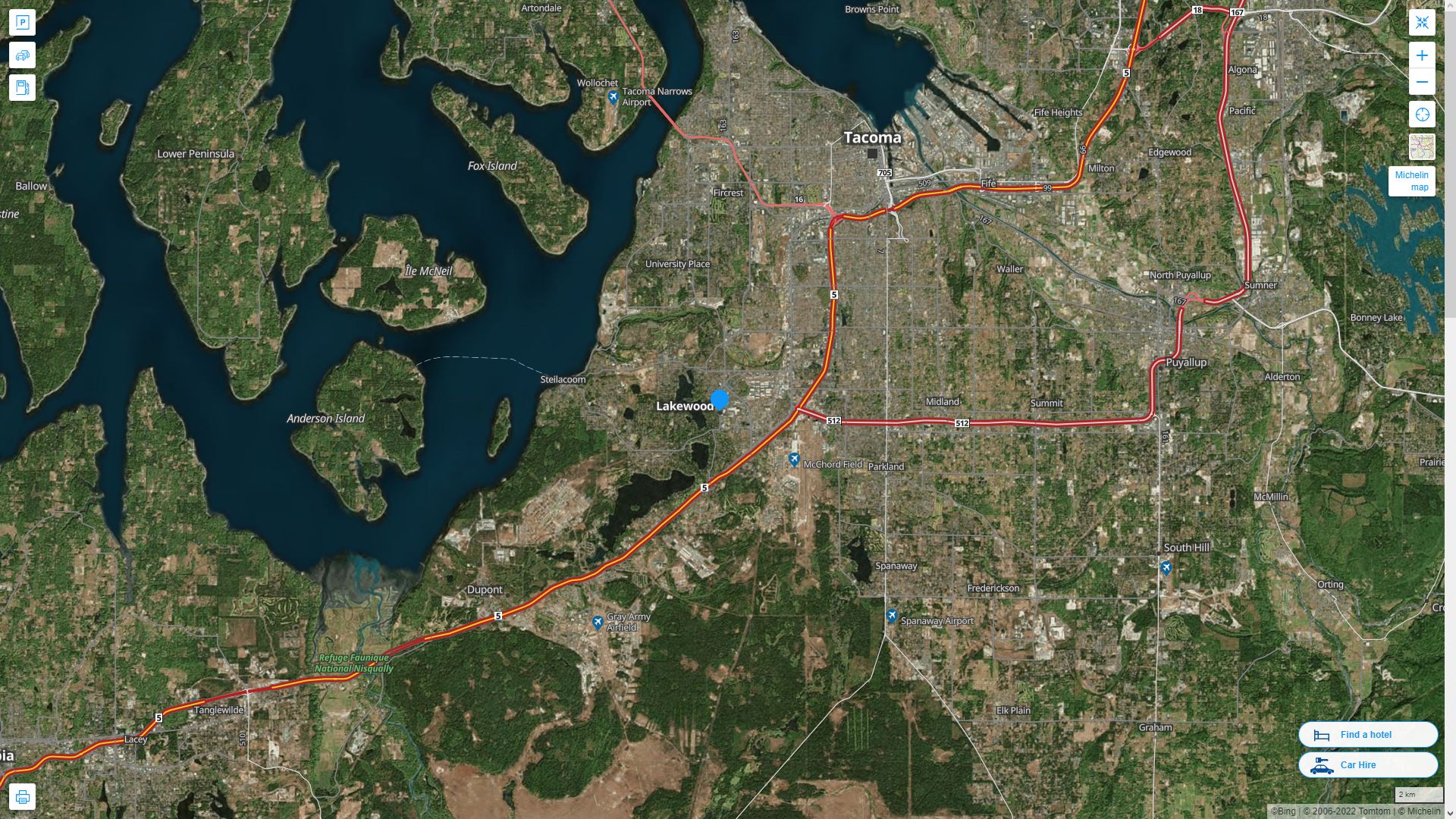 Lakewood Washington Highway and Road Map with Satellite View